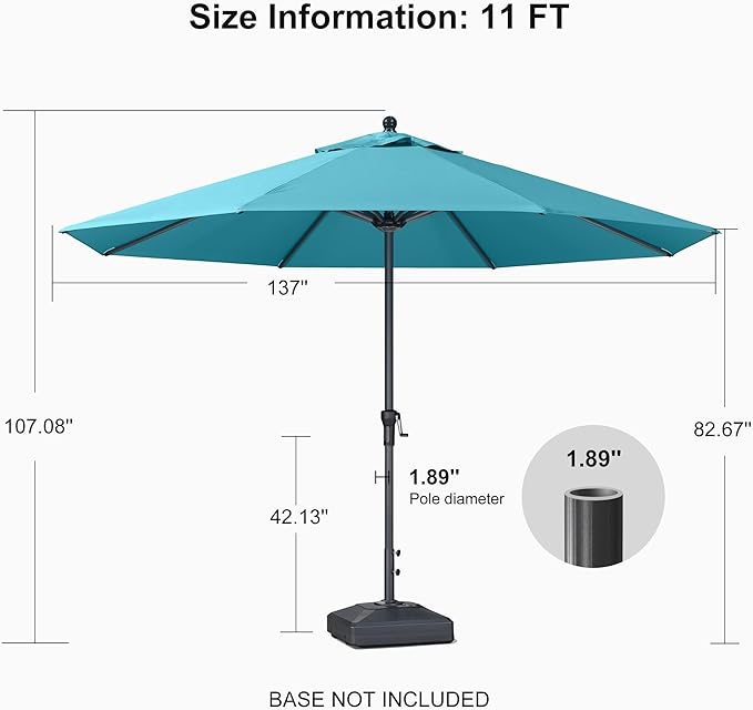PURPLE LEAF 11' Round Patio Umbrella Outdoor Table Umbrella Aluminum Frame Market Umbrella Sun Umbrella with 8 Sturdy Ribs for Garden Deck Lawn Pool Turquoise Blue
