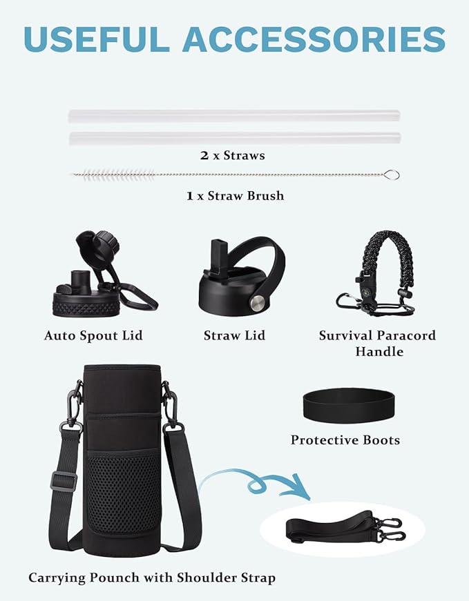 Insulated Water Bottle 40oz - Triple Wall Metal Water Bottle with Straw & Spout Lid, Paracord Handle, Bottle Carrier Bag, Water Bottles Stainless Steel 40 oz
