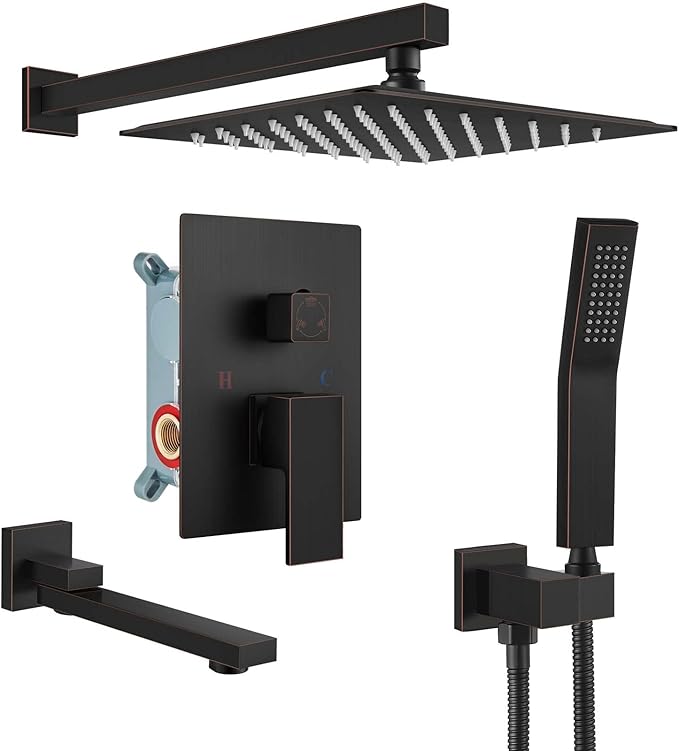 gotonovo Rainfall Tub Shower Faucet Set Bathroom Shower System with Tub Spout Wall Mount Square High Pressure Shower Fixtures with Handheld Sprayer Rough-In Valve 10'' Shower Head,Oil Rubbed Bronze