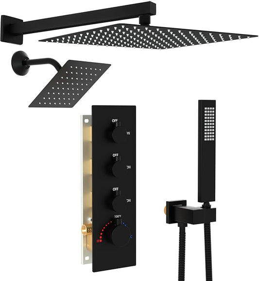 Enga Thermostatic Dual Shower System, 12"+6" Wall Mount Dual Rain Shower Faucet, All Functions Use Together & Volume Adjustable, Matte Black