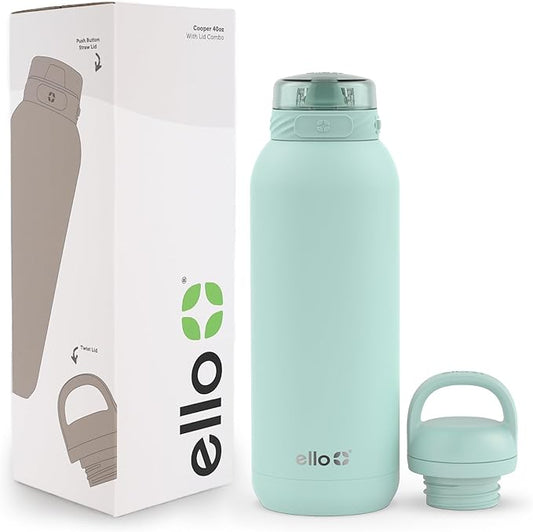 Ello Cooper 40oz Stainless Steel Water Bottle with 2 Lids Chug and Straw | Leak Proof | Double Walled and Vacuum Insulated | Built in Carry Loop | Dishwasher Safe | Yucca
