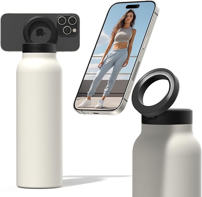 Ringo Insulated Water Bottle - Compatible MagSafe Water Bottle w/Phone Holder - Stainless Steel School Water Bottle w/Magnetic Phone Mount for Kids & Adult-Hot 12H, Cold 24H 360° Rotate - Ivory 24oz
