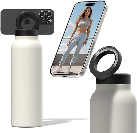 Ringo Insulated Water Bottle - Compatible MagSafe Water Bottle w/Phone Holder -Stainless Steel School Water Bottle w/Magnetic Phone Mount for Kids & Adult - Hot 12H, Cold 24H 360° Rotate -Ivory 32oz
