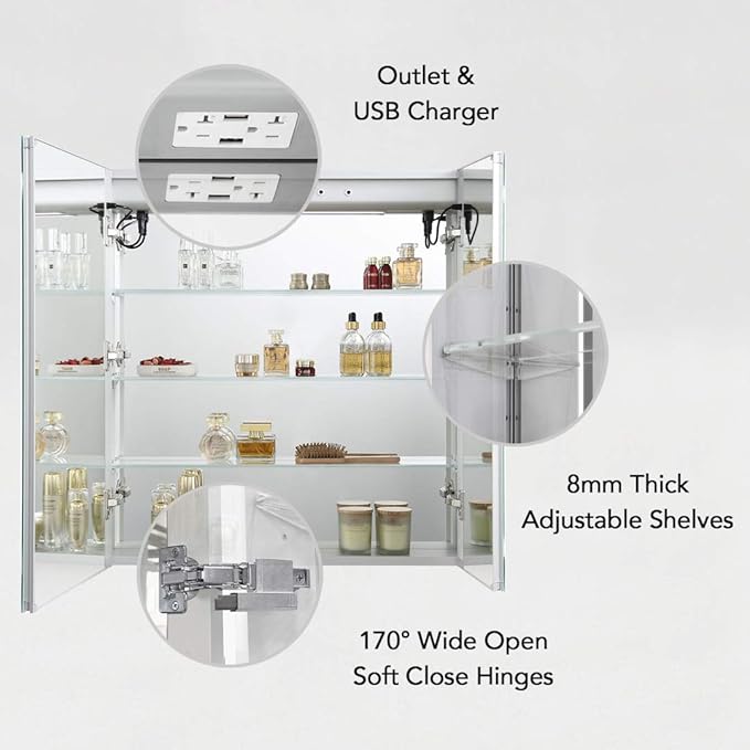 Blossom LED Medicine Cabinet Mirror for Bathroom, 24x32 Inch | Lighted Medicine Cabinet with Mirror | Recessed or Surface Makeup Mirror, Anti-Fog, 3 Color Dimmable, Outlets & USB Ports | P1(M)-30