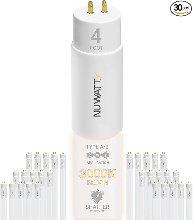 NUWATT 30 Pack 4 FT LED T8 Tube Light, T10 T12 Hybrid Type A+B, 3000K Warm White, 18W, High Brightness 2,200 Lumens, Plug & Play OR Ballast Bypass Fluorescent Tube Replacement, Single or Double Ended