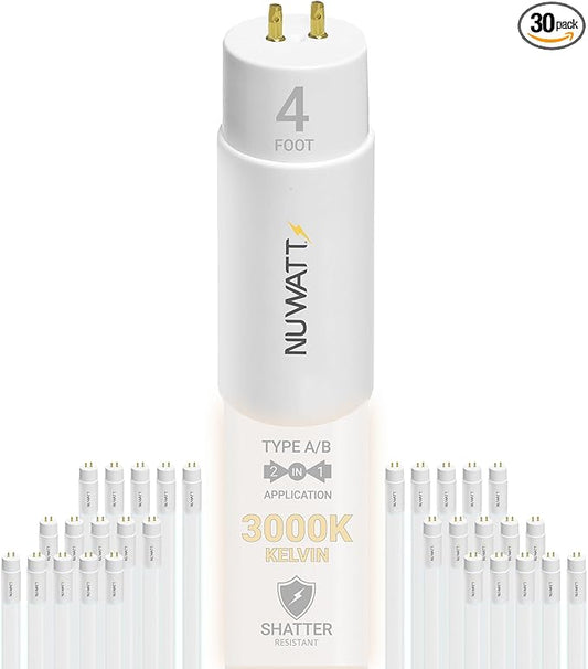 NUWATT 30 Pack 4 FT LED T8 Tube Light, T10 T12 Hybrid Type A+B, 3000K Warm White, 18W, High Brightness 2,200 Lumens, Plug & Play OR Ballast Bypass Fluorescent Tube Replacement, Single or Double Ended