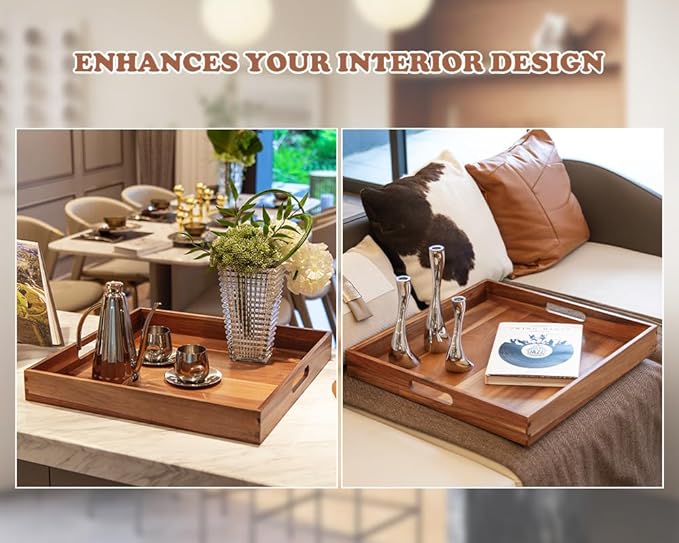 Large Ottoman Tray for Living Room, 20" Extra Large Tray for Ottoman Square Acacia Serving Trays with Handles for Coffee Table, Breakfast, Appetizers, Dinner