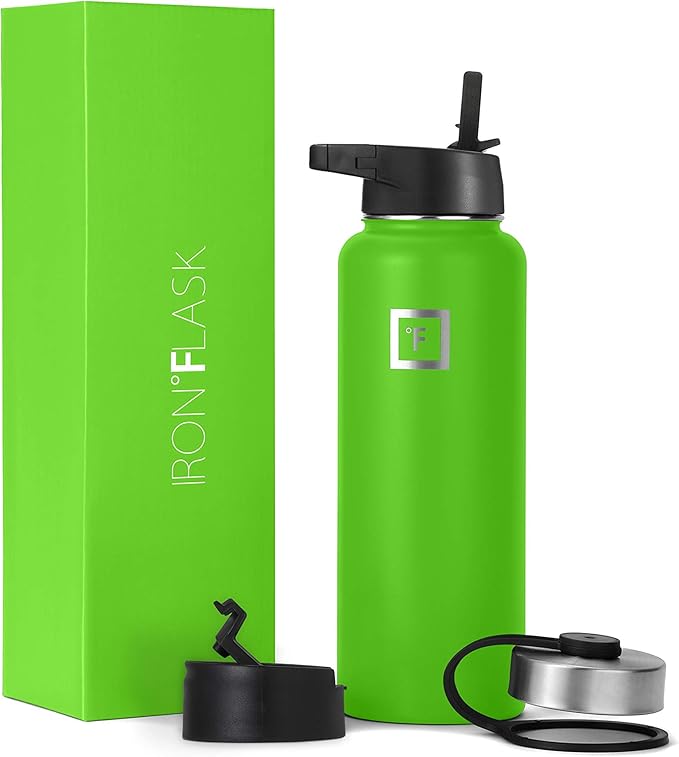 IRON °FLASK Sports Water Bottle - Wide Mouth with 3 Straw Lids - Stainless Steel Gym & Outdoor Bottles for Men, Women & Kids - Double Walled, Insulated Thermos, Metal Canteen - Kiwi Green, 40 Oz