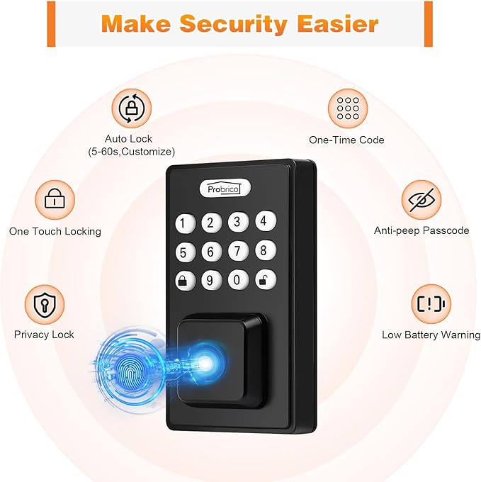 Probrico Smart Fingerprint Door Lock for Front Door, Keyless Entry Door Deadbollt Lock with Digital Keypad Code, Electronic Smart Deadbolt with App Control, Auto Lock, Bluetooth, Black
