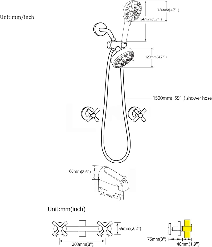 2 Handle Shower Faucet Set with Tub Spout Bathtub Shower Faucet, Tub and Shower Trim Kit Matte Black Wall Mounted