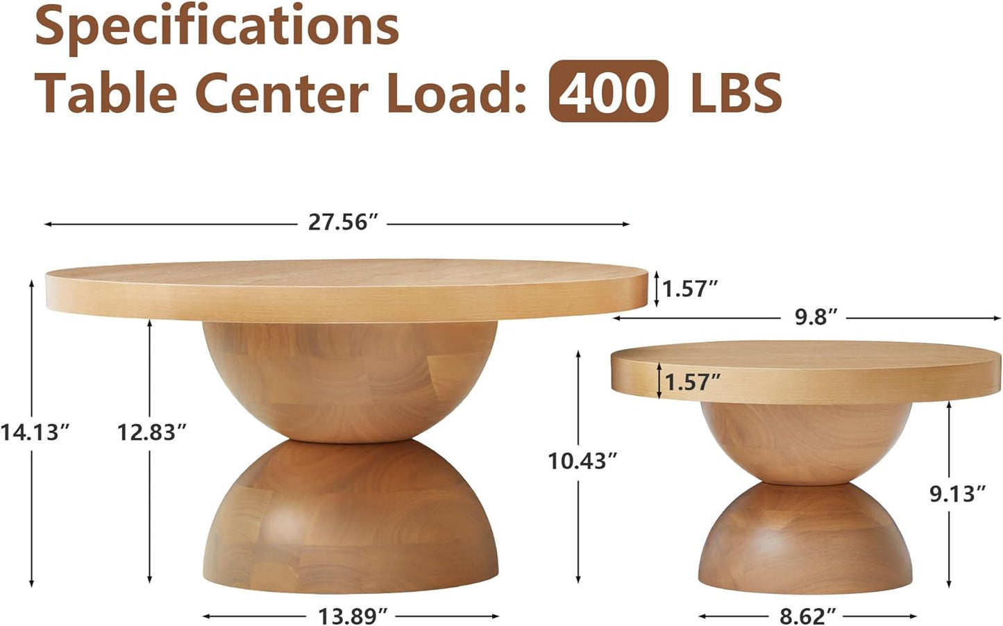 Solid Wood Round Nesting Coffee Table Set of 2, Circle Accent Tables with Unique Semi-Circular Legs, Mid Century Modern Side End Table Set for Small Space Living Room Office (Natural Oak)
