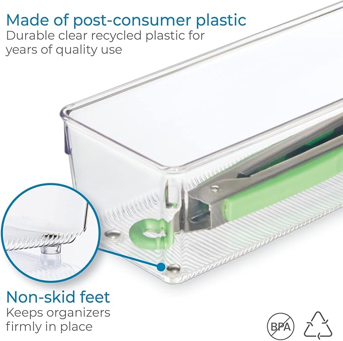 iDesign Recycled Plastic Drawer Organizer, Set of 2, The Linus Collection – 4" x 16" x 3", Clear Bins