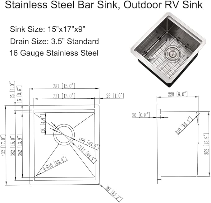 Undermount Bar Sink Stainless Steel, 15 x 17 Inch Undermount Workstation Small 16 Gauge Single Bowl Outdoor Kitchen Bar Prep Sink