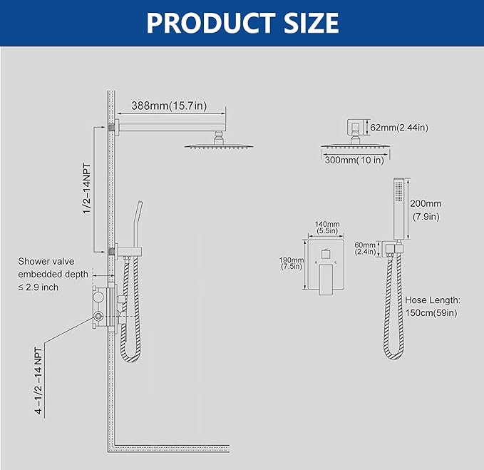 Shower Faucet Set, Shower System with 10 Inch Rain Showerhead and Handheld Shower, Wall Mounted High-Pressure Showerhead Combo Set Included Valve and Trim, Polished Chrome