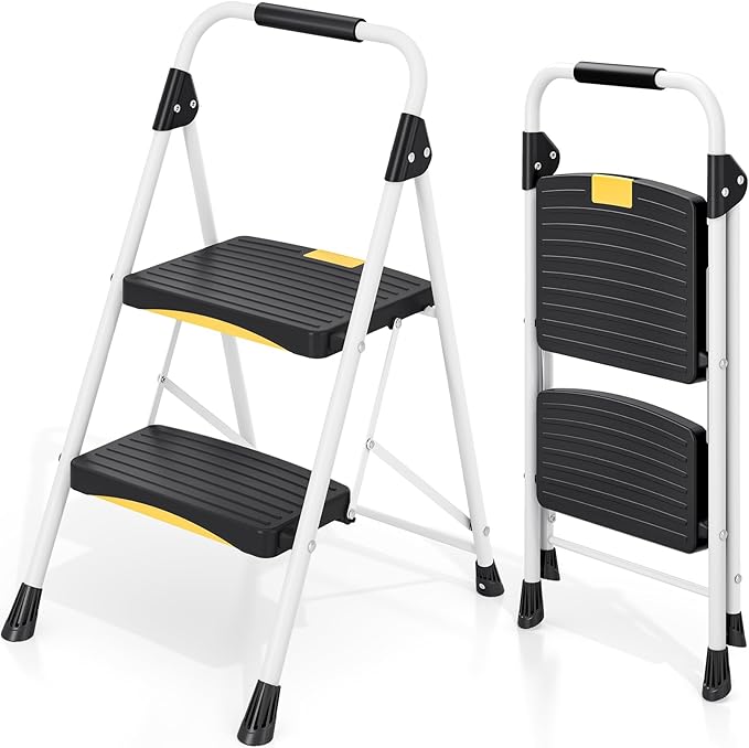 2 Step Ladder, Folding Steel Step Stool with Safety Lock, Anti-Slip Wide Pedals, Pass 800lbs Load Testing, Handrail, Heavy Duty Portable Ladder for Multi-Purpose, Indoor, Office, Kitchen
