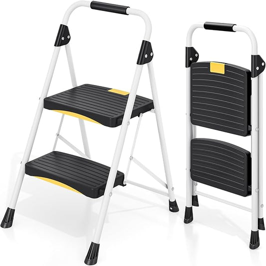 2 Step Ladder, Folding Steel Step Stool with Safety Lock, Anti-Slip Wide Pedals, Pass 800lbs Load Testing, Handrail, Heavy Duty Portable Ladder for Multi-Purpose, Indoor, Office, Kitchen
