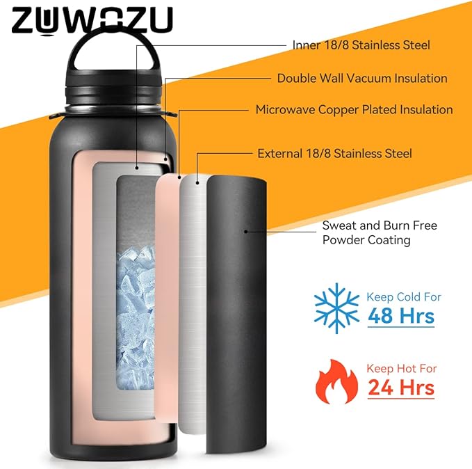 Water Bottle with Strap, 40oz Insulated Stainless Steel Water Bottle with Straw, Spout Lid & Handle, Metal Flask Jug with Carrier Bag, Great for Hiking, Sports & Gym, Black