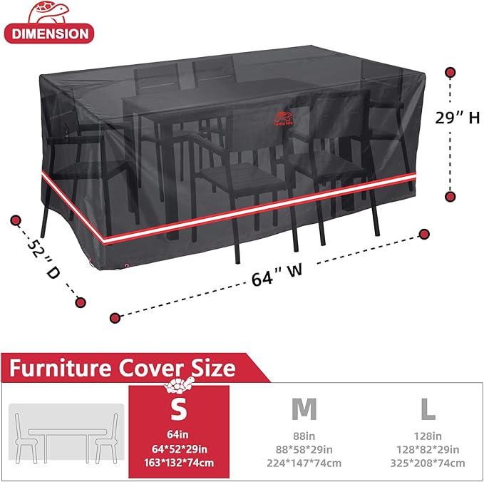 Turtle Life Patio Furniture Sets Cover, Heavy Duty Rectangular Durable Waterproof Outdoor UV Resistant Anti-Fading Dining Table Chairs Furniture Cover, Black, 64"L x 52"W x 29"H