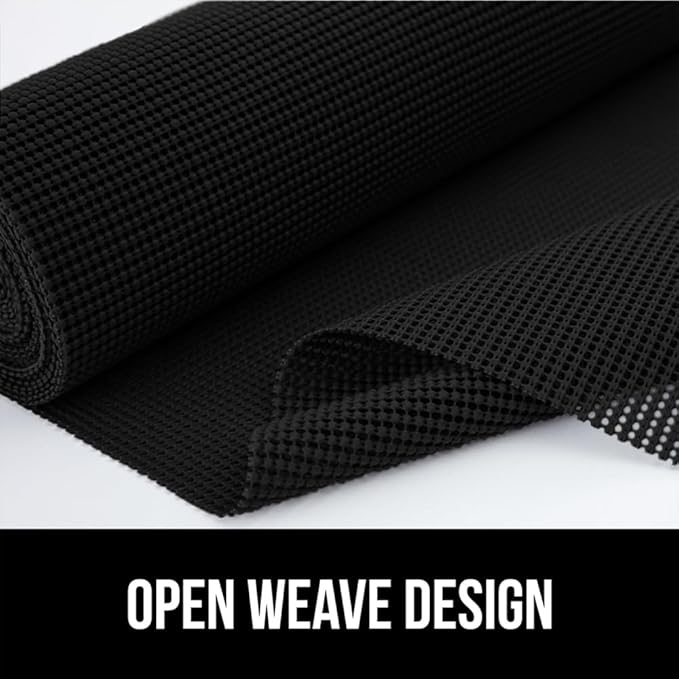 Gorilla Grip powerGRIP Drawer Shelf and Cabinet Liner, Thick Strong Hold, Non-Adhesive Liners Protect Kitchen Cabinets and Cupboard, Bathroom Drawers, Easy Install, Breathable Mat, 12" x20', Black