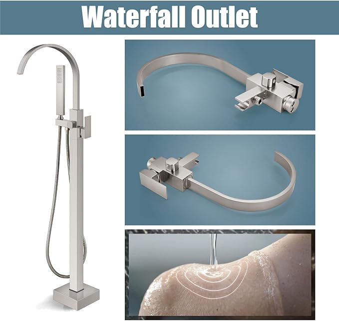 Aolemi Freestanding Tub Filler Brushed Nickel Floor Mount Bathtub Faucet Bathroom Waterfall Brass Tap Single Handle with Handheld Shower Swivel Spout