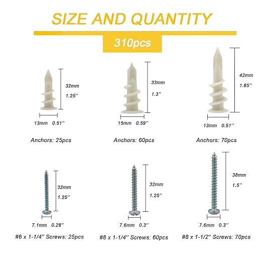 3 Sizes Self Drilling Drywall Anchors, 310PCS Nylon Plastic Wall Anchors and Screws for Drywall, No Pre Drill Hole Preparation Required,13x32mm,15x33mm,13x42mm
