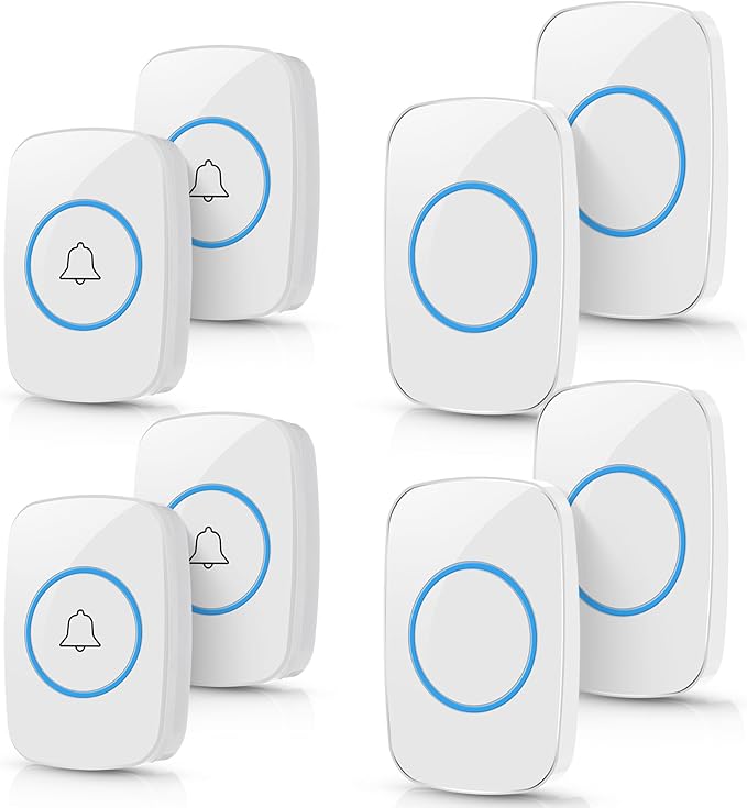 8 Pcs Waterproof Doorbell Kit 4 Pcs Home Doorbell with 4 Pcs Receivers 1000 FT Range 5 Volume Levels with 60 Doorbell Chimes and LED Flash (White)
