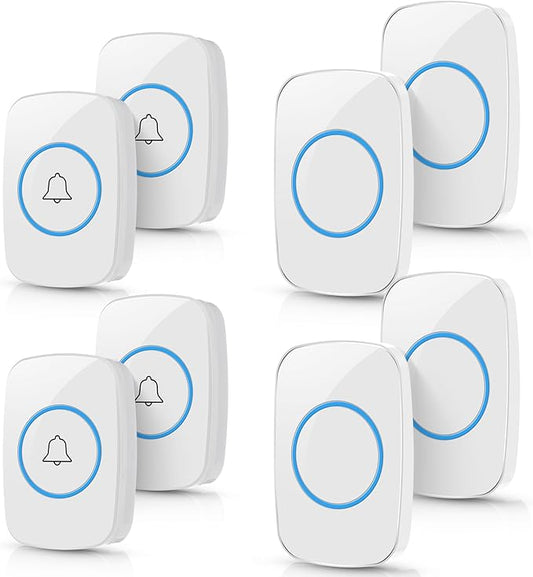 8 Pcs Waterproof Doorbell Kit 4 Pcs Home Doorbell with 4 Pcs Receivers 1000 FT Range 5 Volume Levels with 60 Doorbell Chimes and LED Flash (White)