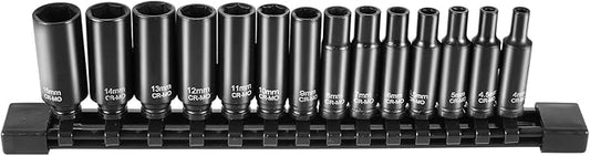 VEVOR 1/4" Drive Impact Socket Set, 14 Piece Deep Socket Set Metric 4-15mm, 6 Point Cr-Mo Alloy Steel for Auto Repair, Easy-to-Read Size Markings, Rugged Construction, Socket Organizer