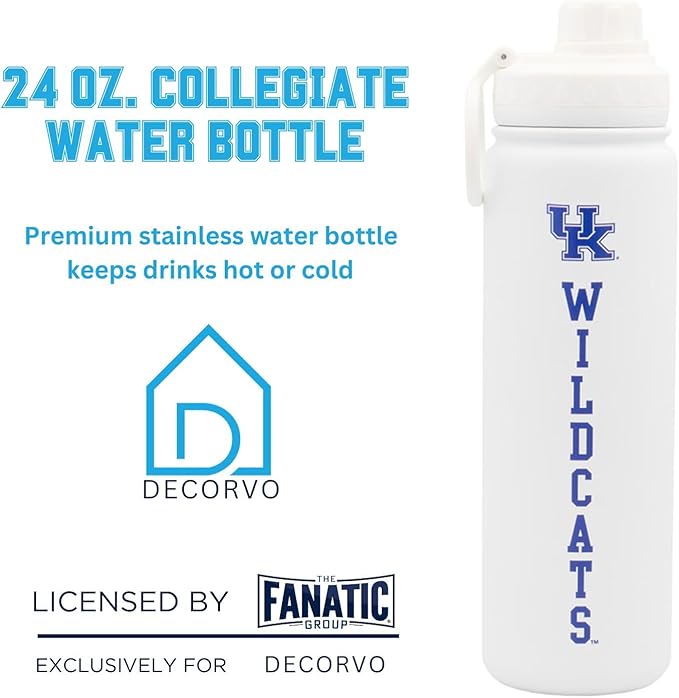Kentucky Wildcats Water Bottle - White Double Walled Stainless Steel 24 oz Keeps Drinks Cold or Hot