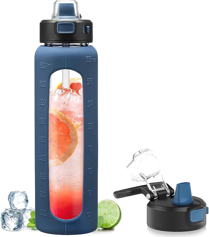 Kodrine 32 oz Glass Water Bottle with Soft Silicone Spout, Locking Lid, and Carry Loop, Navy Blue