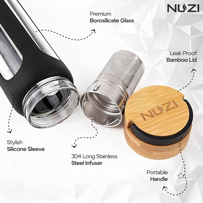NUZI Glass Water Bottles 18 oz with Stainless Steel Fruit Infuser | Insulated Water Bottle | Reusable Glass Water Bottles with Silicone Sleeve & Bamboo Lid | BPA Free and Leakproof | Black | 1 Pc
