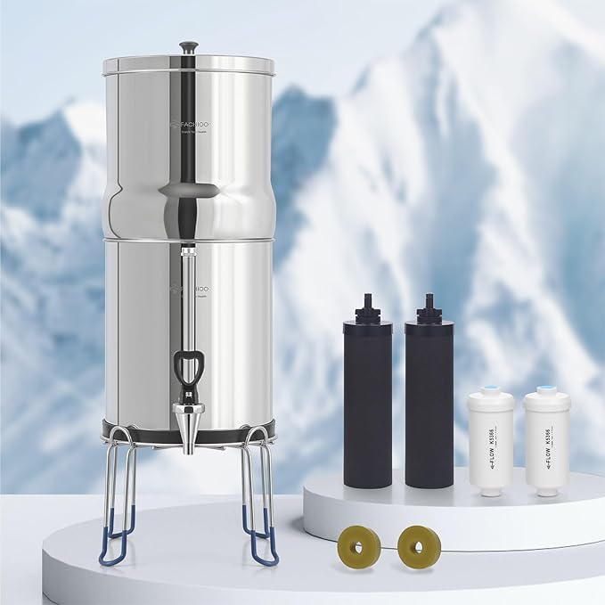 Gravity-Fed Water Filter System, 2.25G Stainless-Steel Countertop System with 2 Black NSF/ANSI 42 Certification Elements, 2 Fluoride, Metal Water Level Spigot, Reduces Fluoride and Chlorine