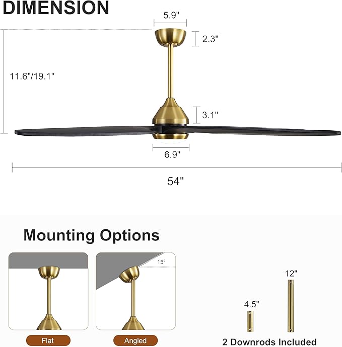 54 Inch Modern Ceiling Fan with Lights and Remote, 5 Wood Blades, 6-Speed Noiseless Reversible DC Motor with Replaceable Downrods for Bedroom Living Room Dining Room, Gold and Black.