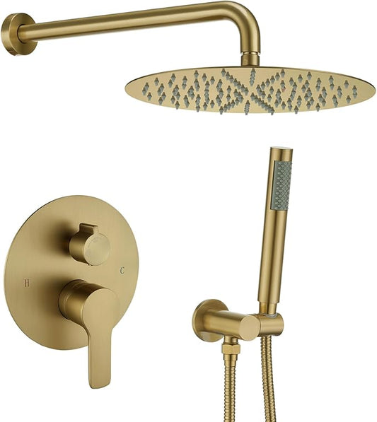 Iriber Brushed Gold Shower System Wall Mounted Shower Faucet Mixer Set with 12 Inches Rain Shower head and Handheld, Bathroom Modern Rainfall Shower Trim Kit (Contain Valve Cartridge)