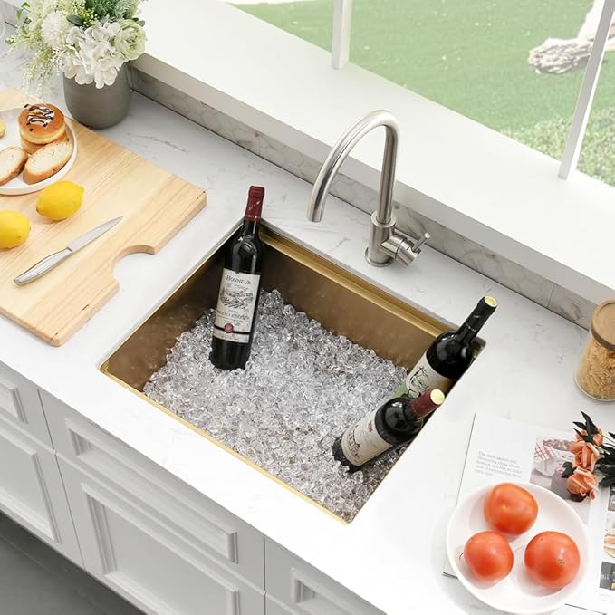 Small Gold Kitchen Sink, 21 x 18 Inch Gold Wet Bar Prep Undermount Kitchen Sink Workstation 16 Gauge Stainless Steel Single Bowl Basin