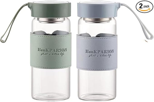 Glass Water Bottles 16 Oz Borosilicate water bottle-with sealing cap and Holsters and filters - BPA free,Men and Women Portable Glass Bottle (Blue+Green)