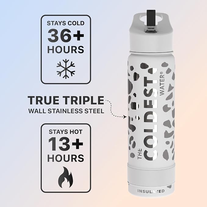 Coldest Sports Water Bottle - (Straw Lid), Leak Proof, Vacuum Insulated Stainless Steel, Hot Cold, Double Walled, Thermo Mug, Metal Canteen (24 oz, Silver Leopard)
