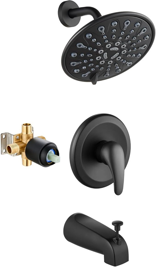 gotonovo Tub Shower Faucet Set Shower Head and Handle Set 6 Modes 6 inch Bathroom Trim Kit with Tub Spout High Pressure Shower System Combo with Valve Round Showerhead Matte Black