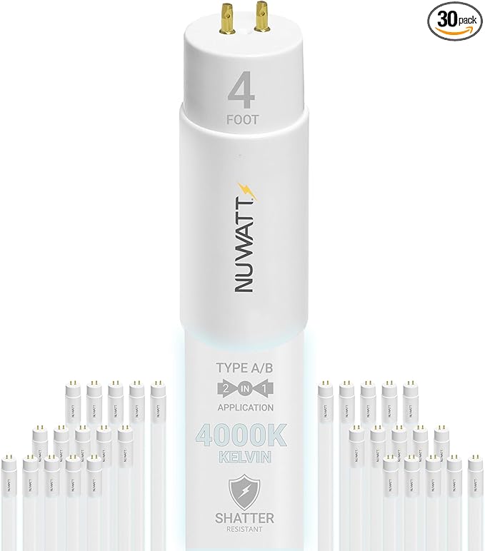 NUWATT 30 Pack 4 FT LED T8 Tube Light, T10 T12 Hybrid Type A+B, 4000K Cool White, 18W, High Brightness 2,200 Lumens, Plug & Play OR Ballast Bypass Fluorescent Tube Replacement, Single or Double Ended