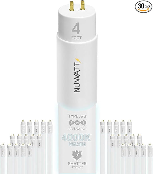 NUWATT 30 Pack 4 FT LED T8 Tube Light, T10 T12 Hybrid Type A+B, 4000K Cool White, 18W, High Brightness 2,200 Lumens, Plug & Play OR Ballast Bypass Fluorescent Tube Replacement, Single or Double Ended