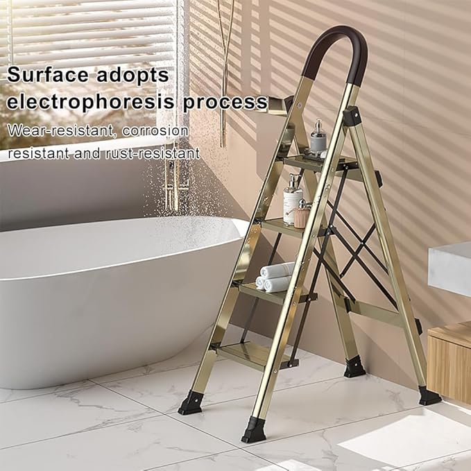 4 Step Ladder, Folding Aluminum Alloy Step Stool with Wide Anti-Slip Pedal for Adults, Champagne Gold 4 Tiers Stool with 330lbs Load Capacity for Home Kitchen Closet Garage Office