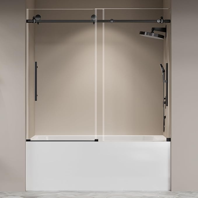 56"-60" W X 59" H Frameless Glass Sliding Tub Door,Soft-Close Bathroom Tub with 5/16"(8mm) Clear Tempered Glass,Explosion-Proof Film,Thick Bathtub Doors,Endurance,Modern Shower Door,Black