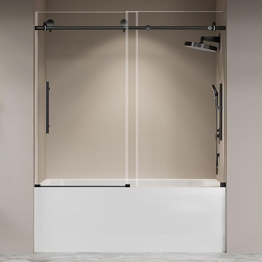 56"-60" W X 59" H Frameless Glass Sliding Tub Door,Soft-Close Bathroom Tub with 5/16"(8mm) Clear Tempered Glass,Explosion-Proof Film,Thick Bathtub Doors,Endurance,Modern Shower Door,Black