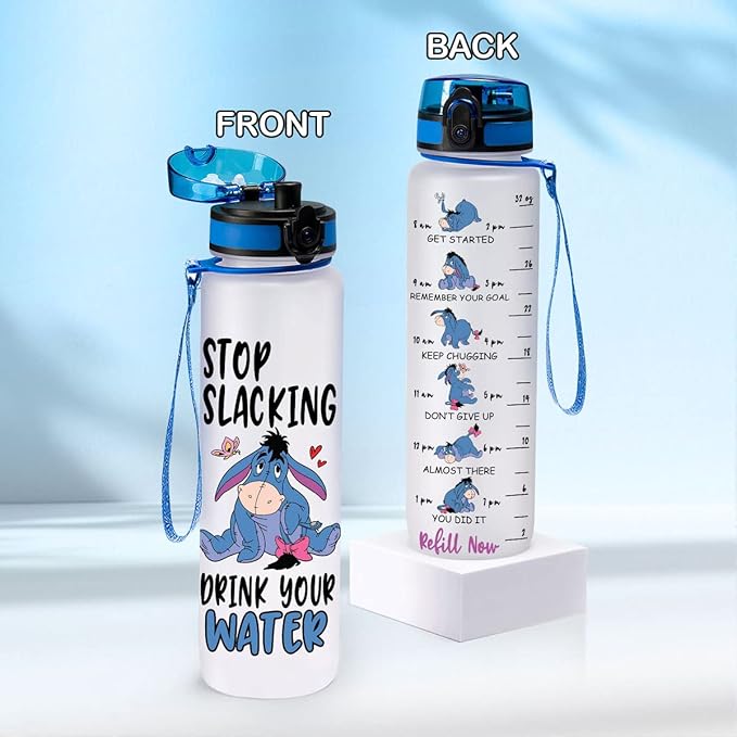 Stop Slacking Drink Your Water 32 Oz Water Track Bottle, Donkey Water Bottle With Time Marker, Movie Water Bottles, Motivational Insulated Water Bottle, Blue
