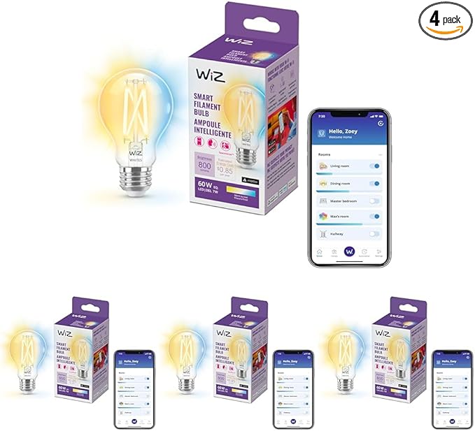 WiZ Clear 60W A19 Tunable White Filament LED Smart Bulb - Pack of 4 - E26- Indoor - Connects to Your Existing Wi-Fi - Control with Voice or App + Activate with Motion - Matter Compatible