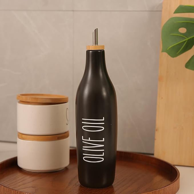 HOMCDALY Ceramic Olive Oil Dispenser for Kitchen, Stoneware 16oz Oil Cruet and Vinegar Bottles Dispenser, Kitchen Dispenser Bottle for EVOO Vinegar Syrups, Modern Farmhouse Design(B-O)