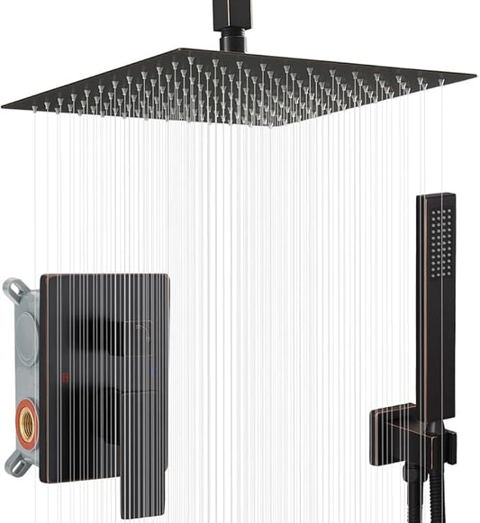 12 Inch Oil Rubbed Bronze Ceiling Mount Shower System Bathroom Luxury Rain Mixer Shower Combo Set Ceiling Rainfall Shower Head System Faucet Contain Rough-in Valve and Trim Included