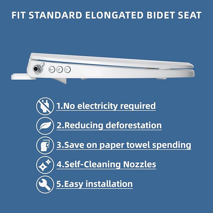 Bidet Toilet Seat, Soft Close Elongated Toilet Seat, Button control Feminine/Posterior Wash Switch, Knob Control Water Pressure,White Bidet Seat Attachment with Brass inlet