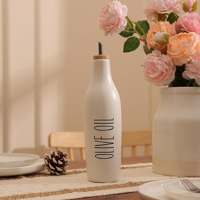 HOMCDALY Ceramic Olive Oil Dispenser for Kitchen, Stoneware 16oz Oil Cruet and Vinegar Bottles Dispenser, Kitchen Dispenser Bottle for EVOO Vinegar Syrups, Modern Farmhouse Design(W-O)