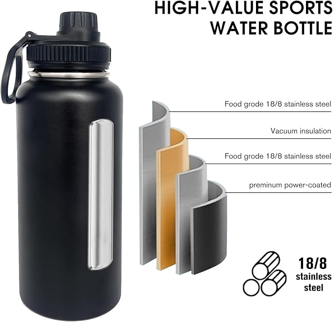 4pack 32 oz Insulated Water Bottle With Straw, Stainless Steel Sports Water Cup Flask with 2 Lids, Wide Mouth Travel Thermal Mug,Black